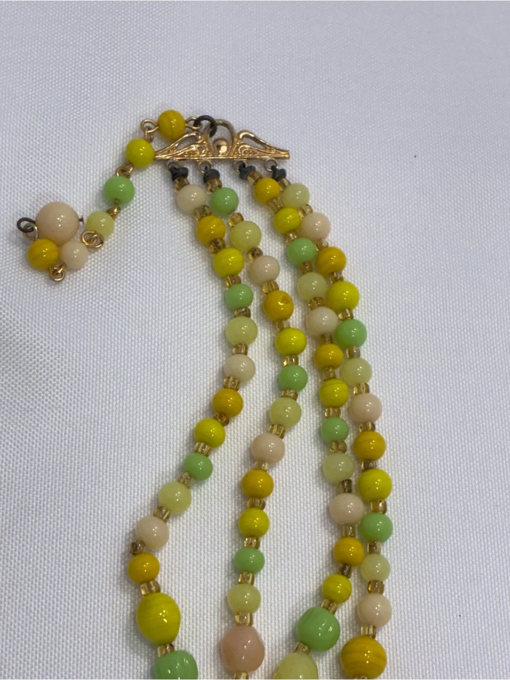 Vintage Multi-strand Pastel Bead Necklace - Yellow, Lime, Pale Peach Art Glass